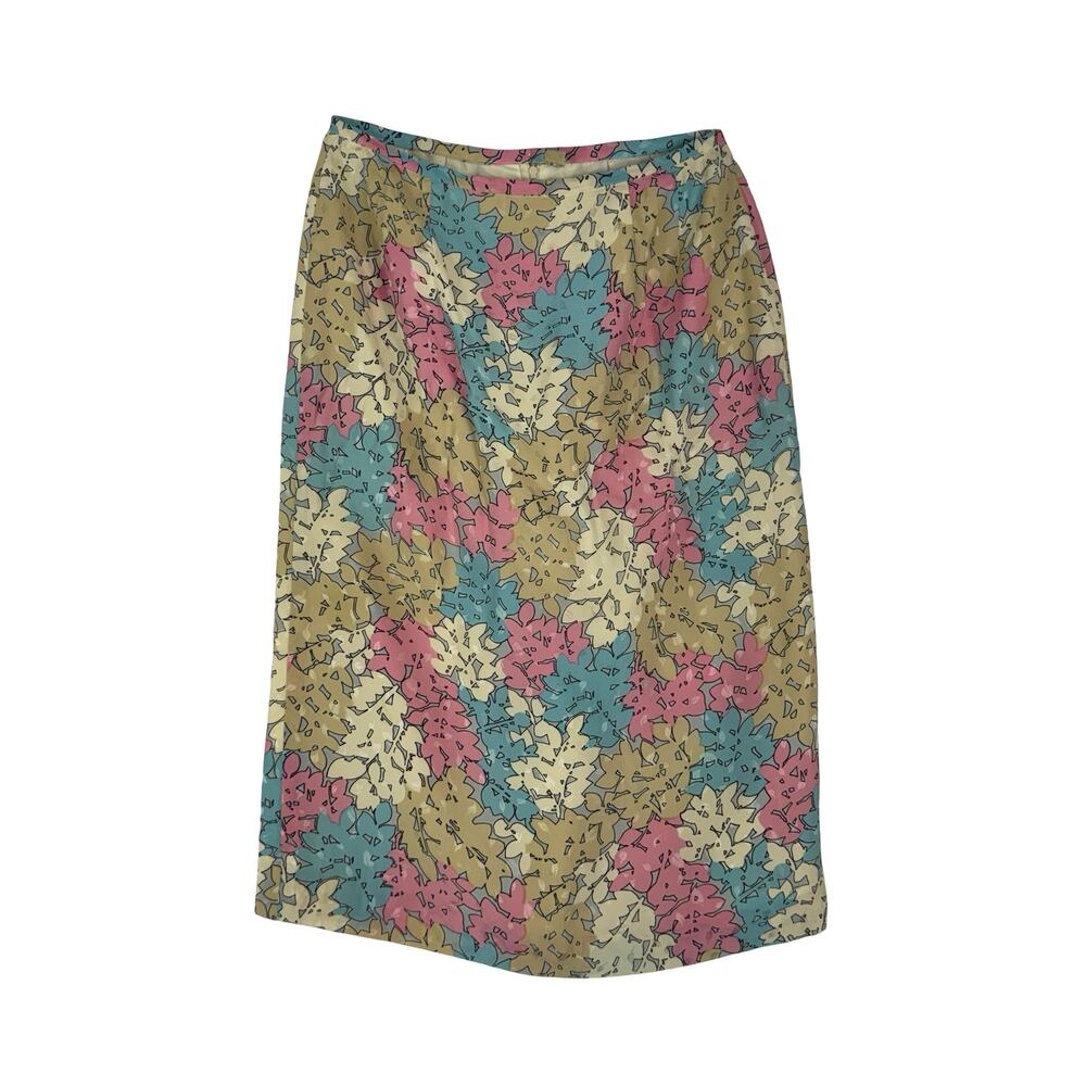 Vintage 80s Pastel Leaf Jacquard Skirt Handmade Silky Pencil Midi Petite Small